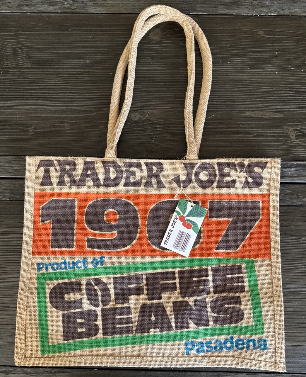 Trader Joe’s Tote Jute Bag Reusable 1967 Pasadena Coffee Beans 17x14x9x13in Lrg