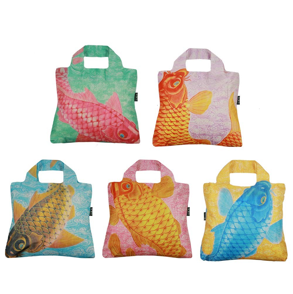 Reusable Grocery Bags, Set of 5, Multicolored China Chic Chinese Carp Design,…