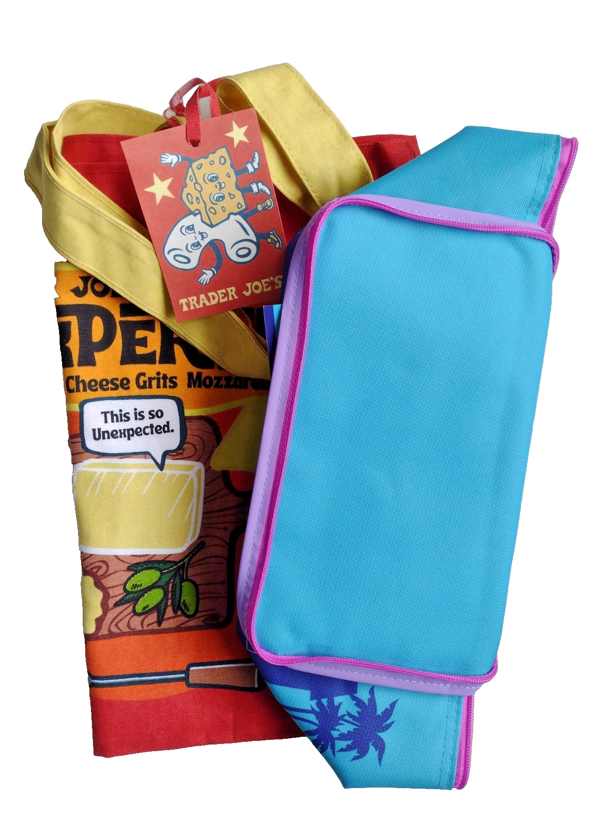 Combo Trader Joe’s Cotton Canvas Cheese Tote & Sky Blue 1.5 gal Lunch Bag