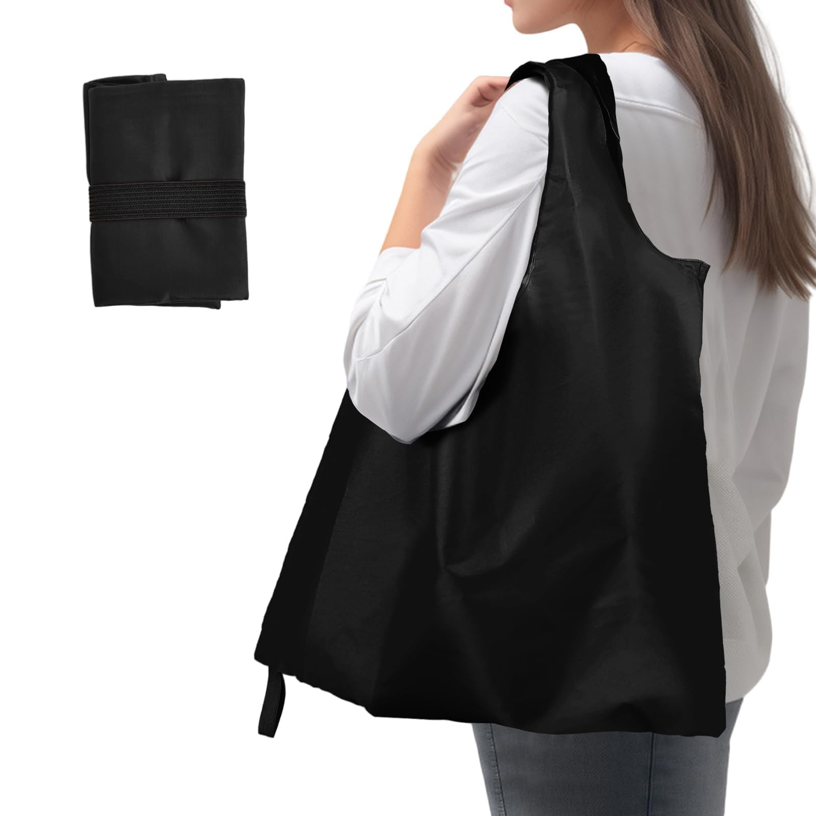 Black Foldable Reusable Shopping Grocery Tote Bag Waterproof Nylon 22″ x 16.9″