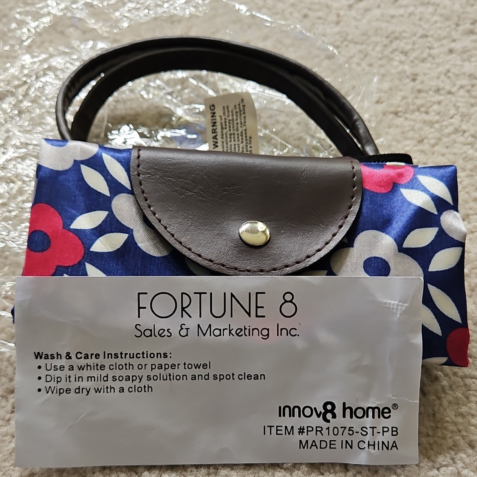 innov8 home Foldable Floral Tote Shopping Bag Blue Floral Print Zipper