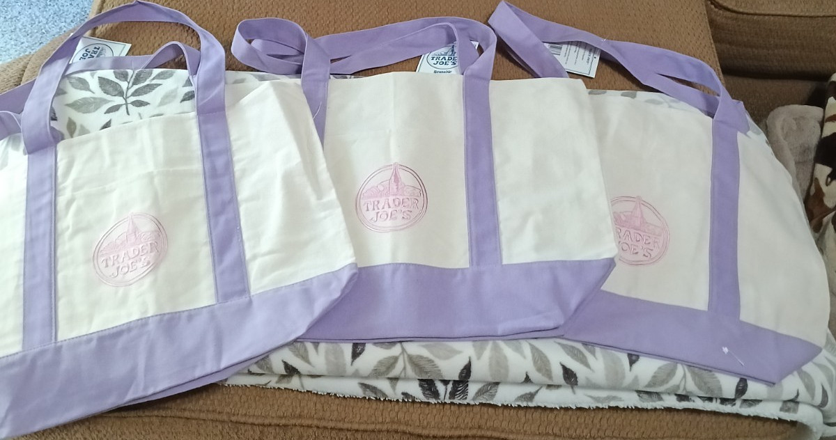 Trader Joe’s Foldable Canvas Reusable Shopping Bags White Purple Set of 3