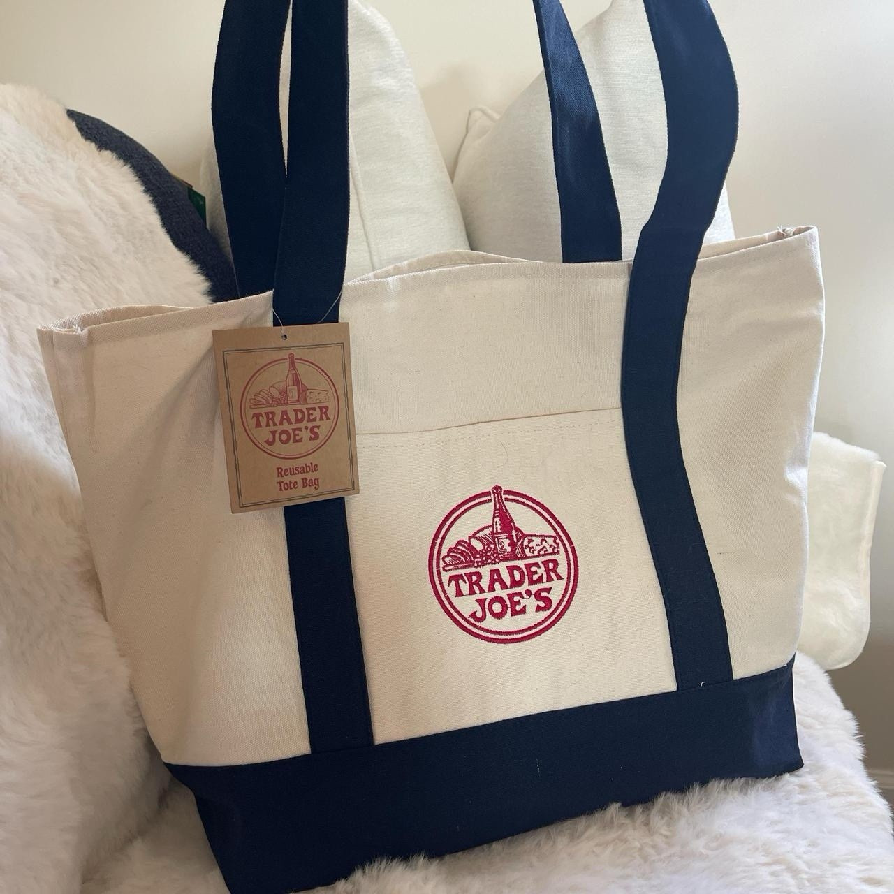 Trader Joe’s Large Canvas Reusable Shopping Bag Beige Navy Red Foldable