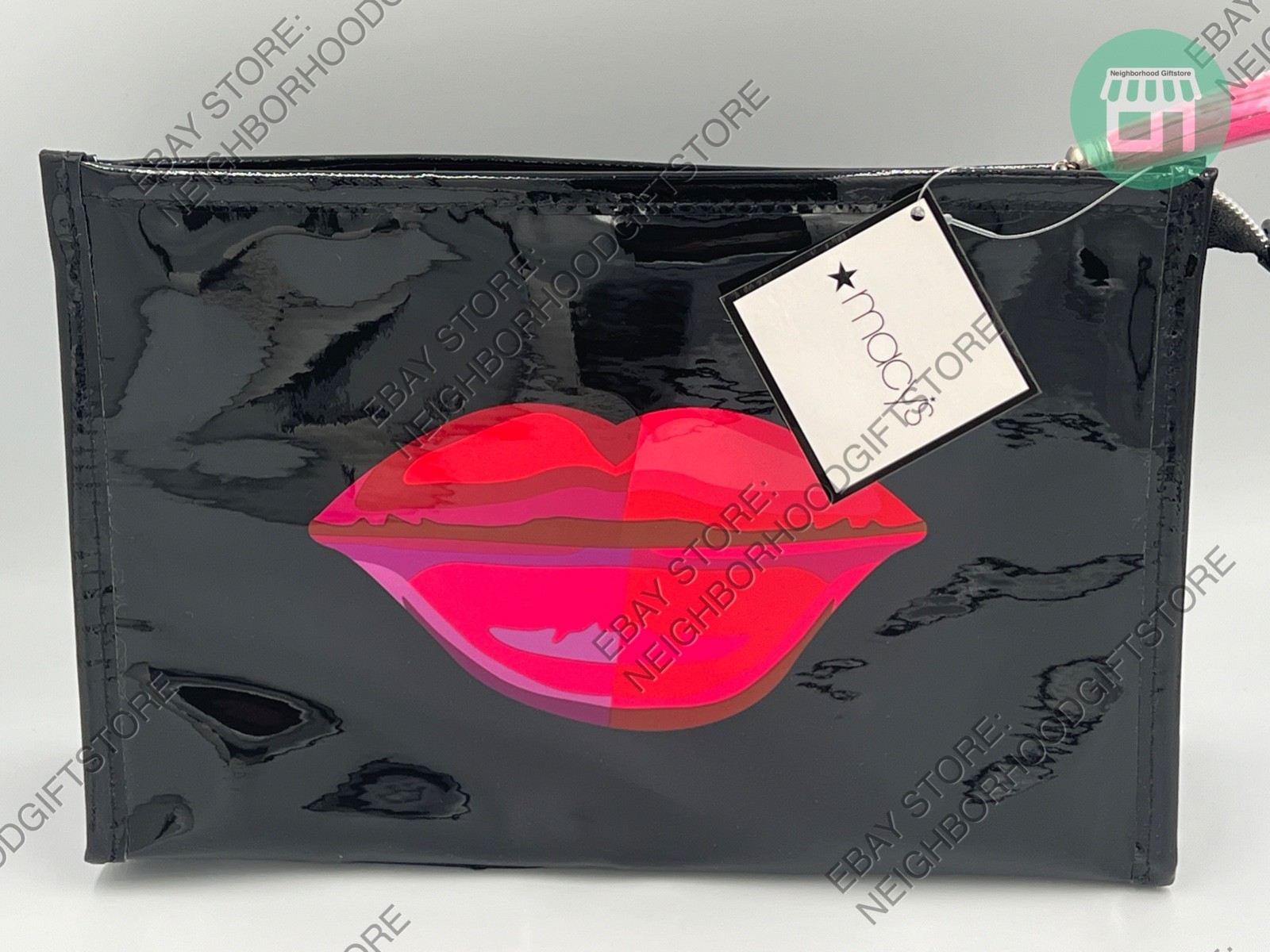 MACY’S Cosmetic Pouch Bag 10″x7″x2.5″ Vinyl Bag BLACK / RED LIP NEW PICTURES.