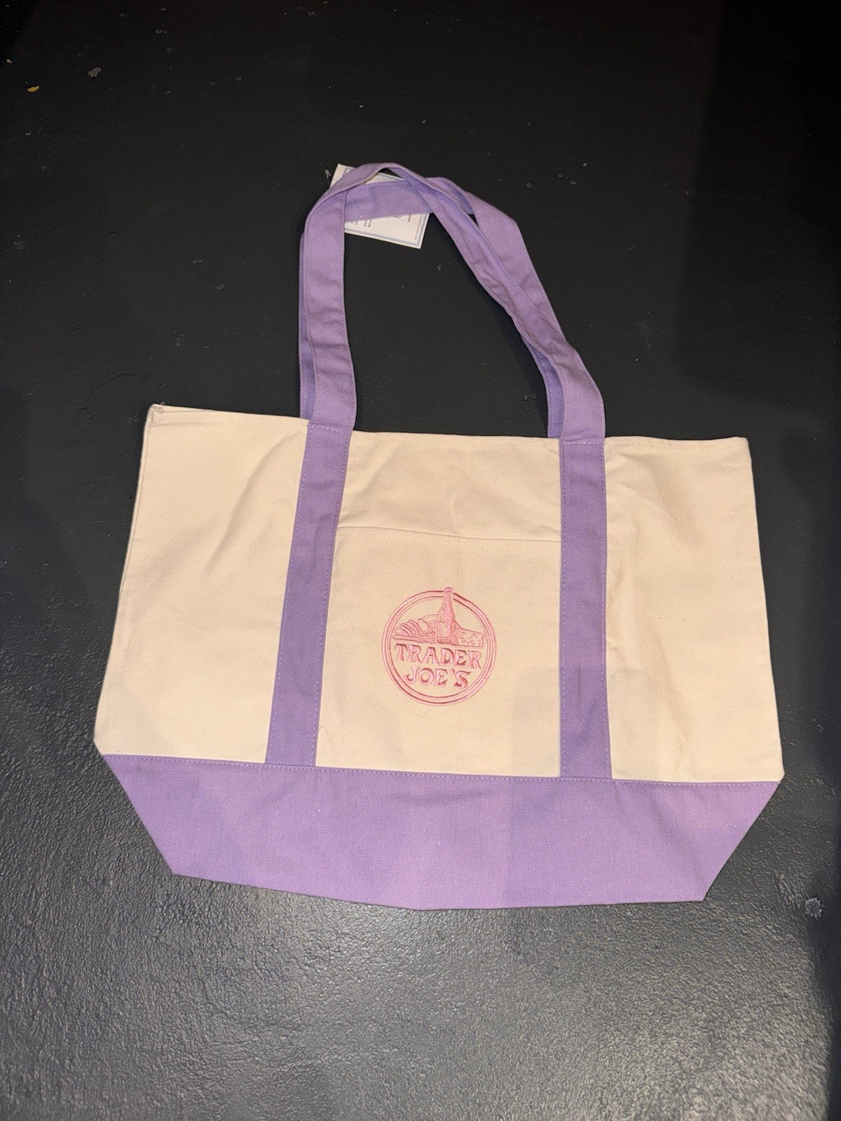 Trader Joe’s Foldable Cotton Polyester Tote Bag Purple Beige Reusable Shopping