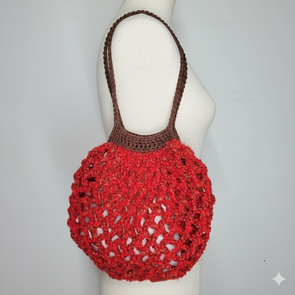 Handmade Mini Farmers Market Bag Crochet French Net Beach Handbag Red Brown