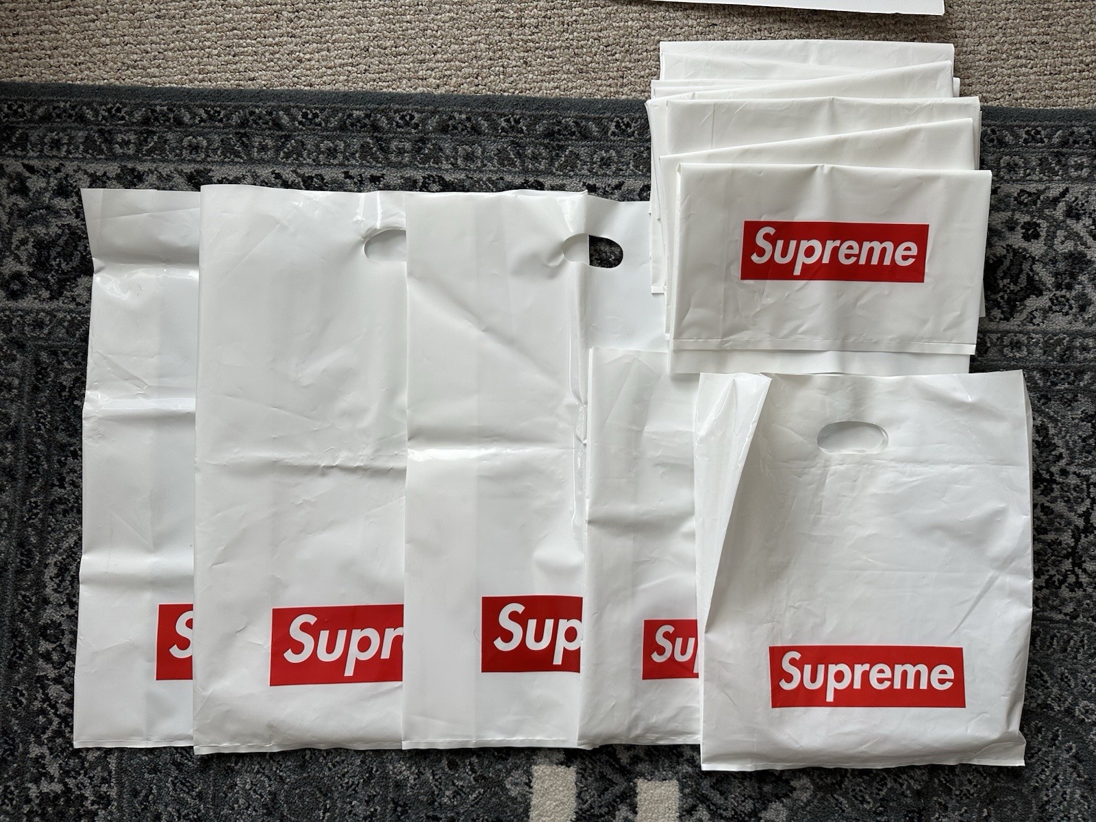 Lot of 13 Supreme White Plastic Shopping Bags Red Box Logo – 16” X 13” 23”X16”