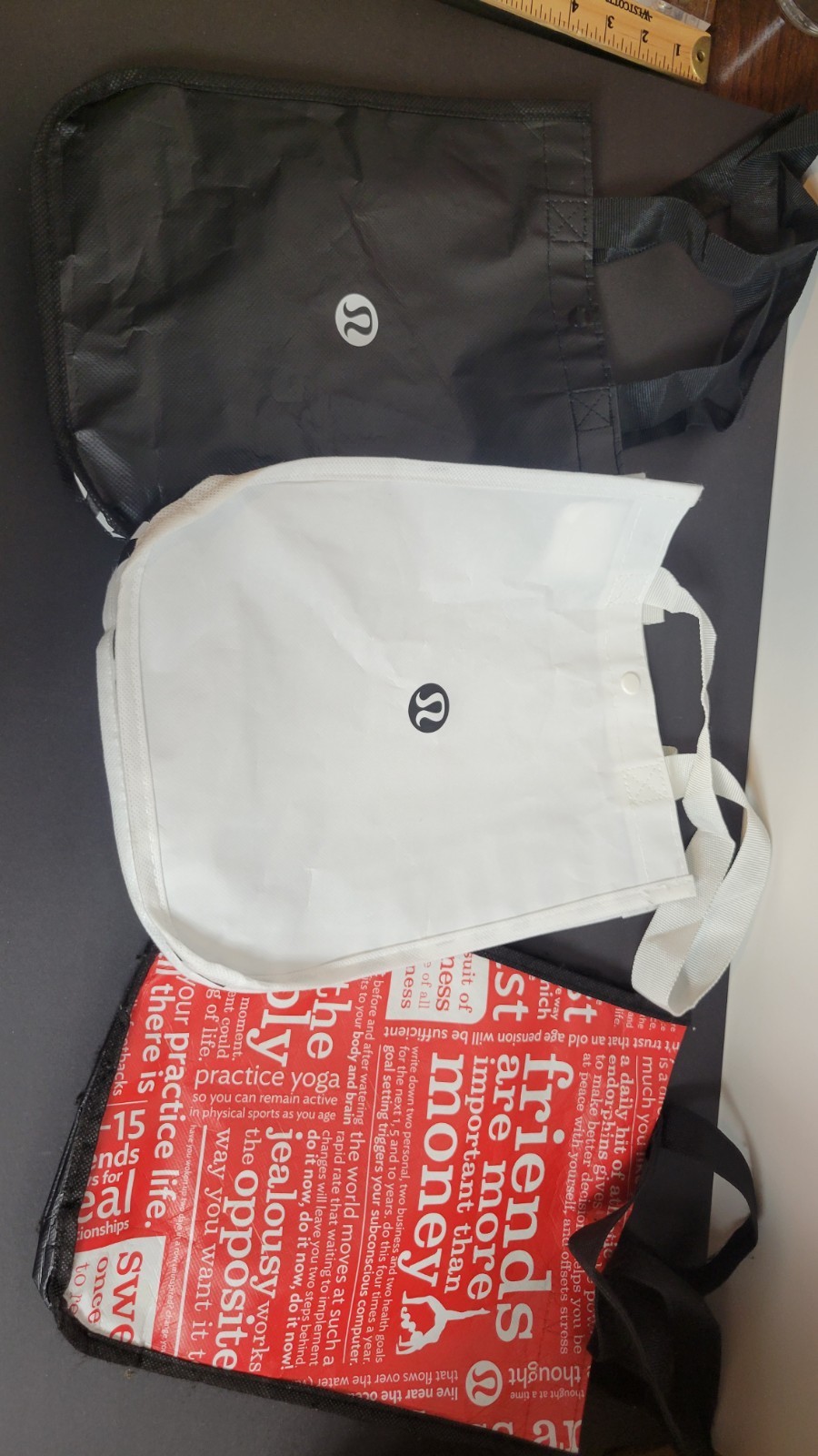 Lululemon Shopping Bag Lot of 3 Reusable Totes Black White Red Manifesto Yoga…