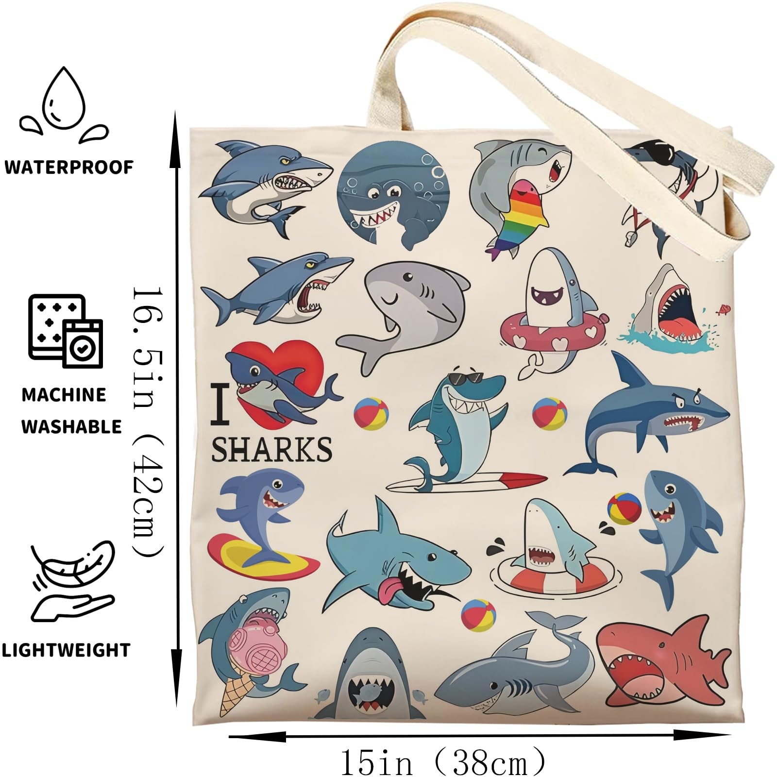 Shark Canvas Tote Bag, Reusable – Shopping/Grocery/Beach/Gifts Bag – Birthday…
