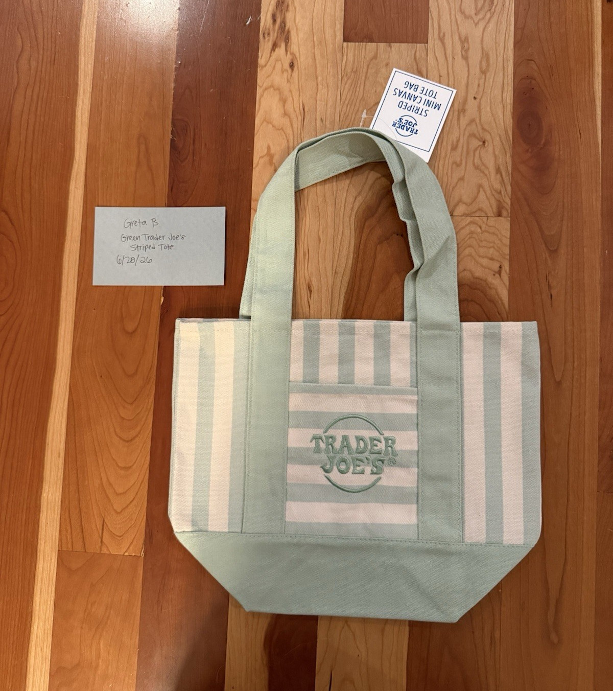 Trader Joe’s Canvas Tote Bag Green/White Stripe Small 13x6x11 in New