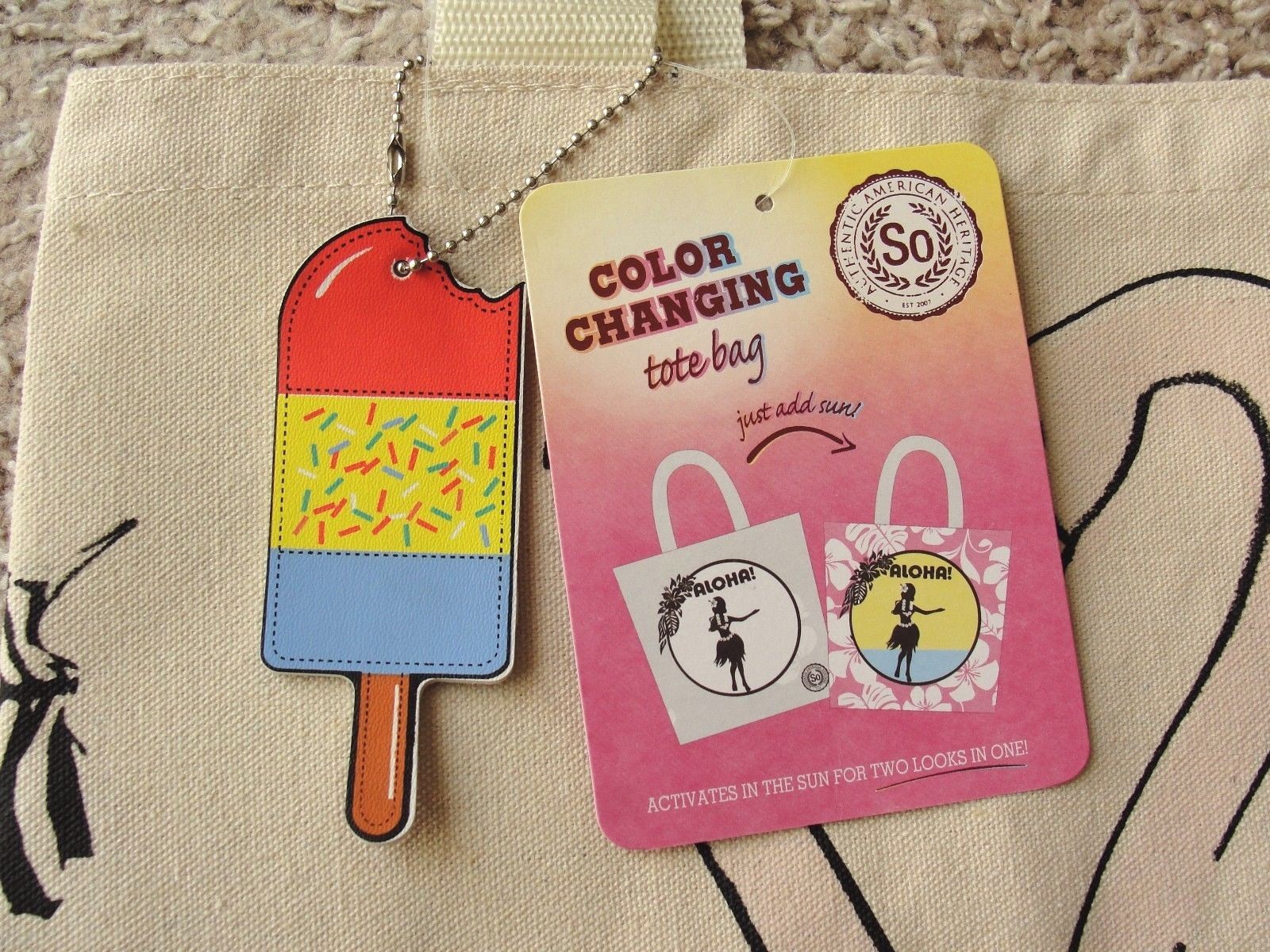 UV Color Change FLAMINGO Love 16.5″H x 16″W x5.5″D Tote Bag w/ Popsicle Keychain