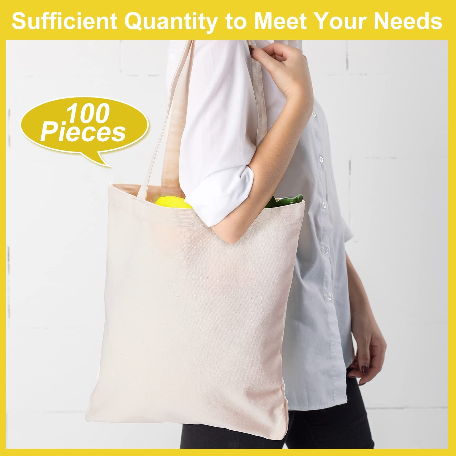 100 Pcs Canvas Tote Bags Bulk Natural Cotton Tote Bags with Handles Blank Cloth