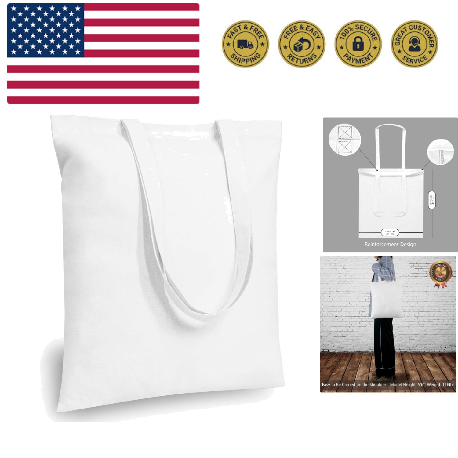 12-Pack Economical 16″x15″ White Cotton Tote Bag, Lightweight Medium Reusable…