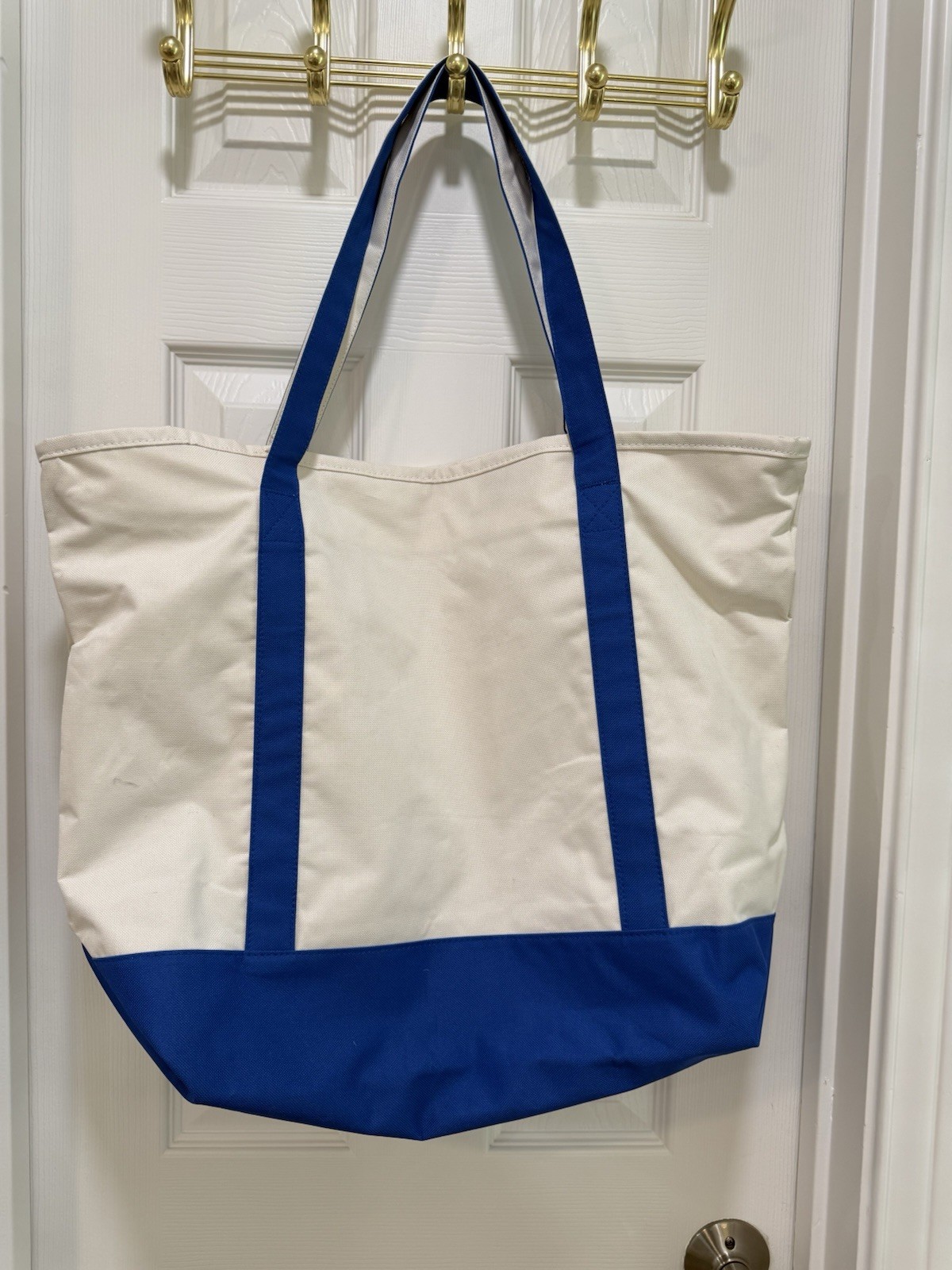 Costco Large Blue and White Zipper Cotton Canvas Shopping Tote Bag Reusable 15”