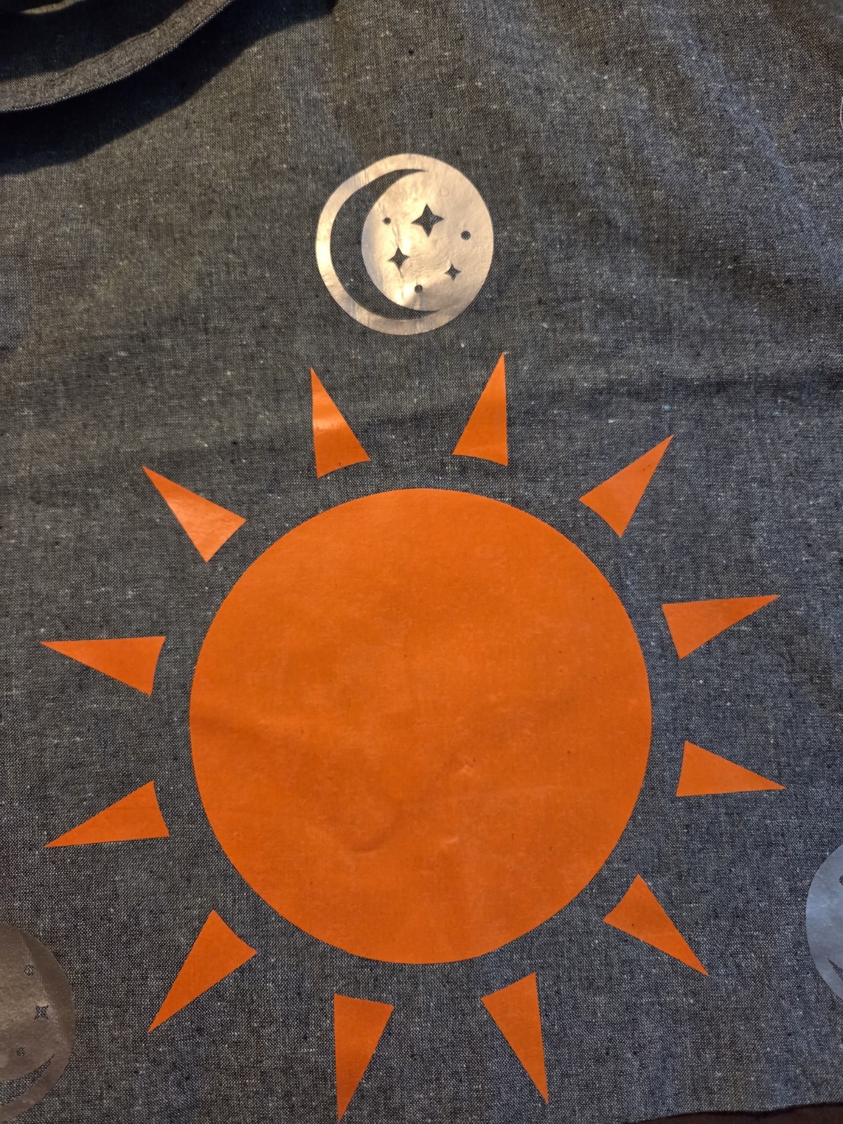 Large Gray Tote Bag Reusable Shopping Bag Orange Sun Moon Print 16×16