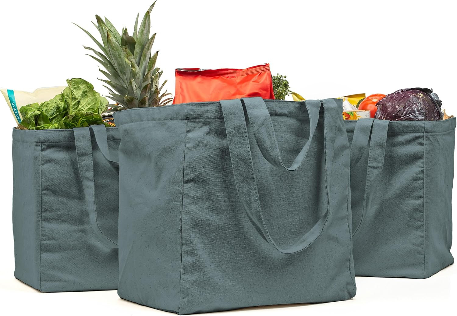 Canvas Grocery Bag 3Pc XL Set with Real Pockets, Long Shoulder Strap and Short H