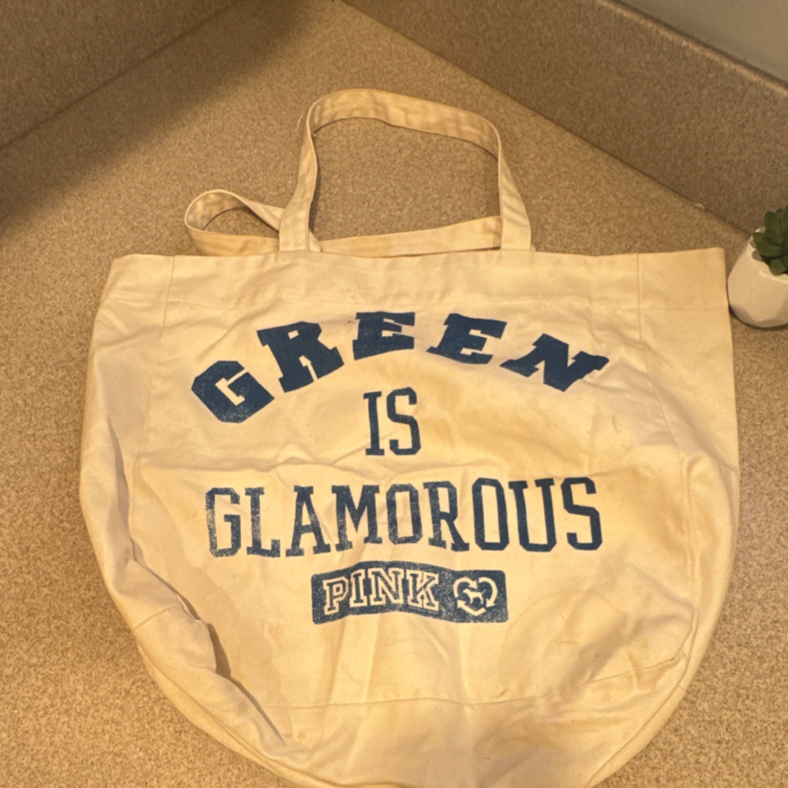 PINK “Green Is Glamorous” Reusable Shopping Bag Graphic Print Beige/Blue