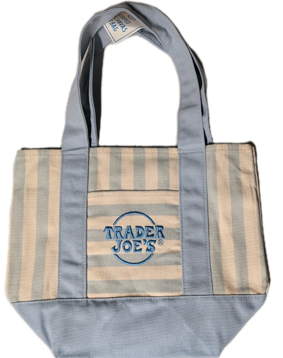 Trader Joes Mini Tote Bag Blue Canvas Pastel Spring Pocket Cotton NWT