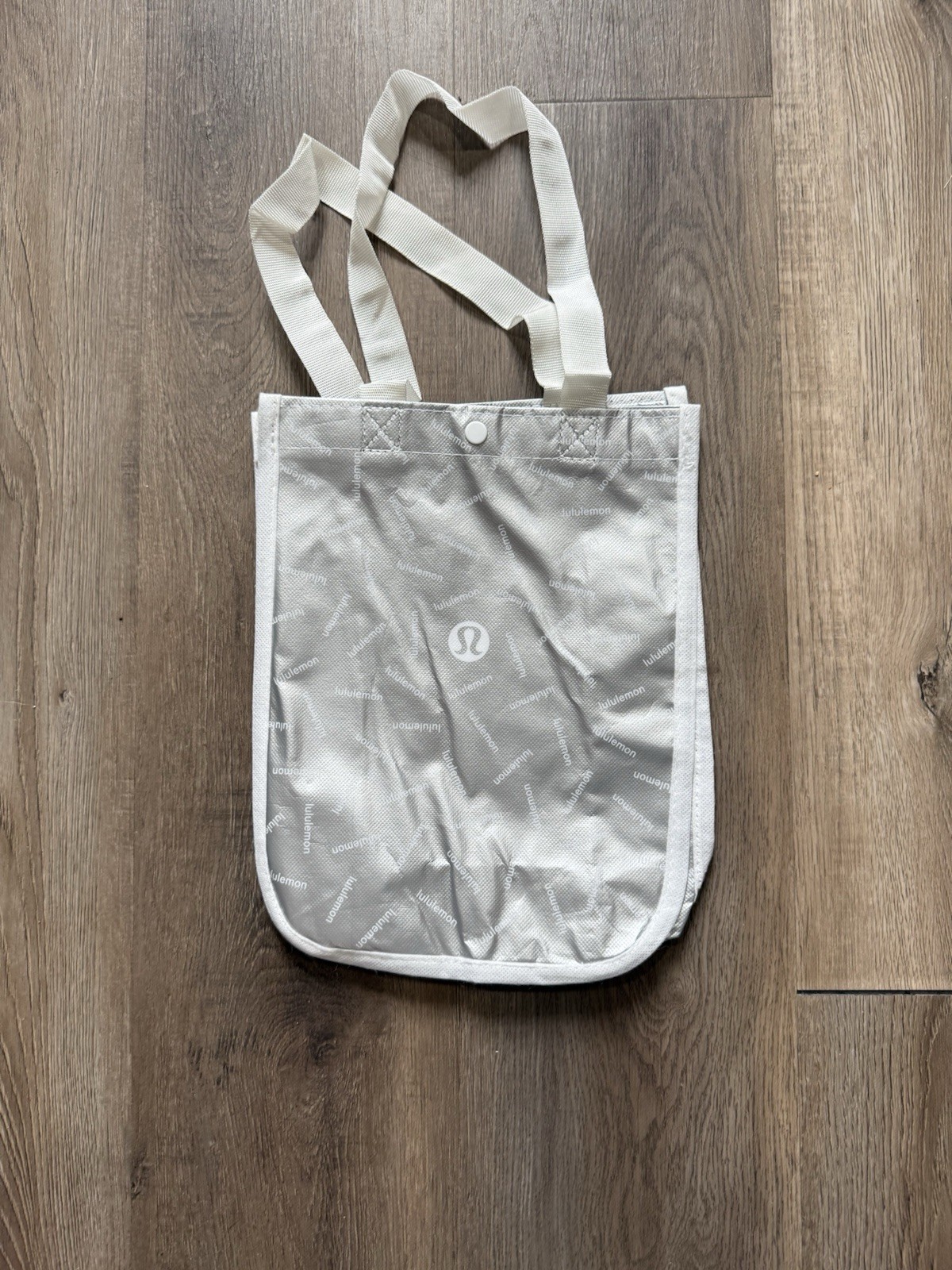LULULEMON Small Reusable Snap Top Shopping Tote Lunch Bag Gray & White
