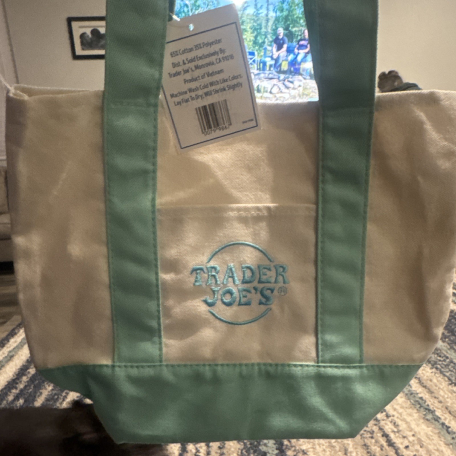 Trader Joe’s Mini Pastel Green Beige Foldable Canvas Tote Bag Cotton Polyester