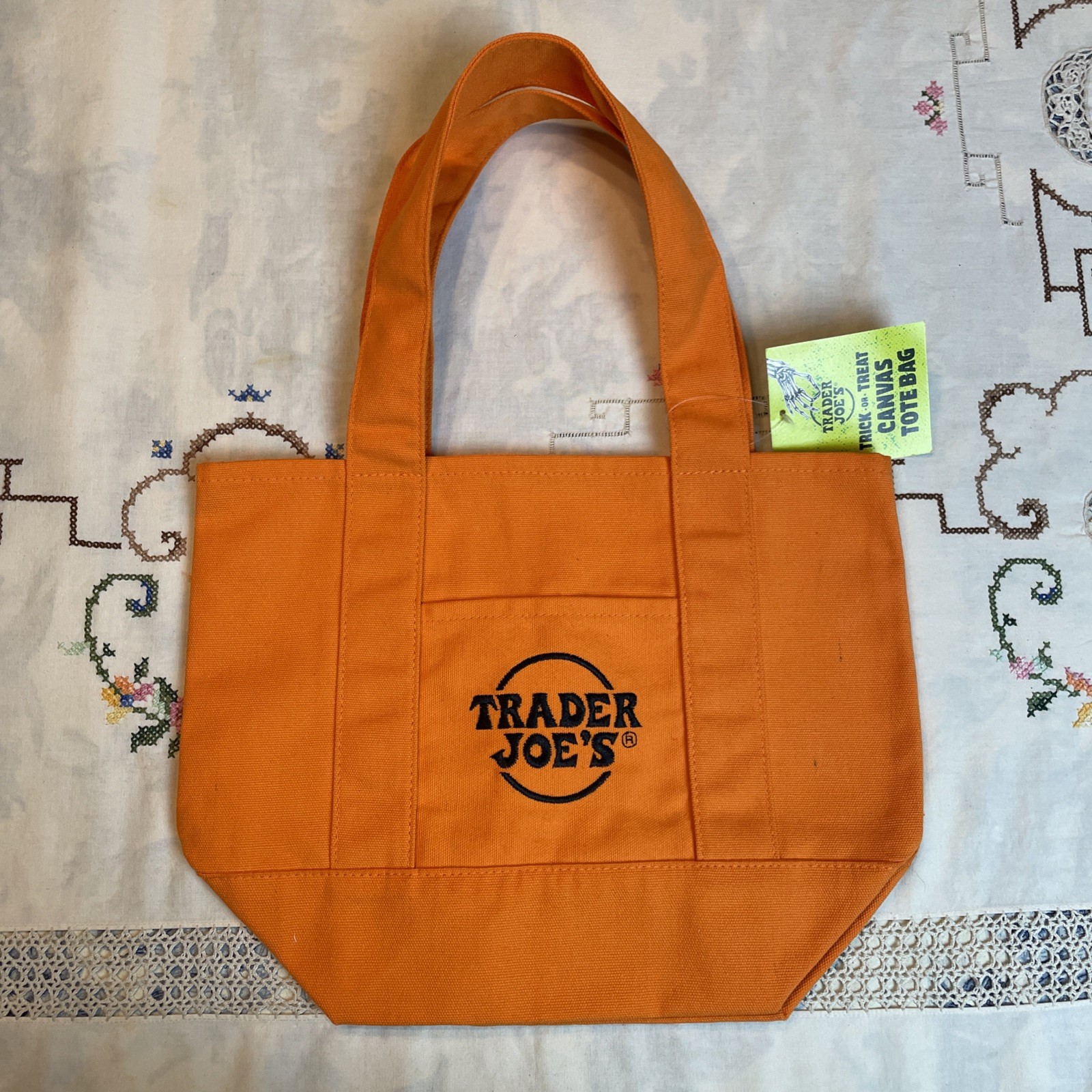 Trader Joe’s Trick or Treat Canvas Tote Bag Orange With Black Embroidery New