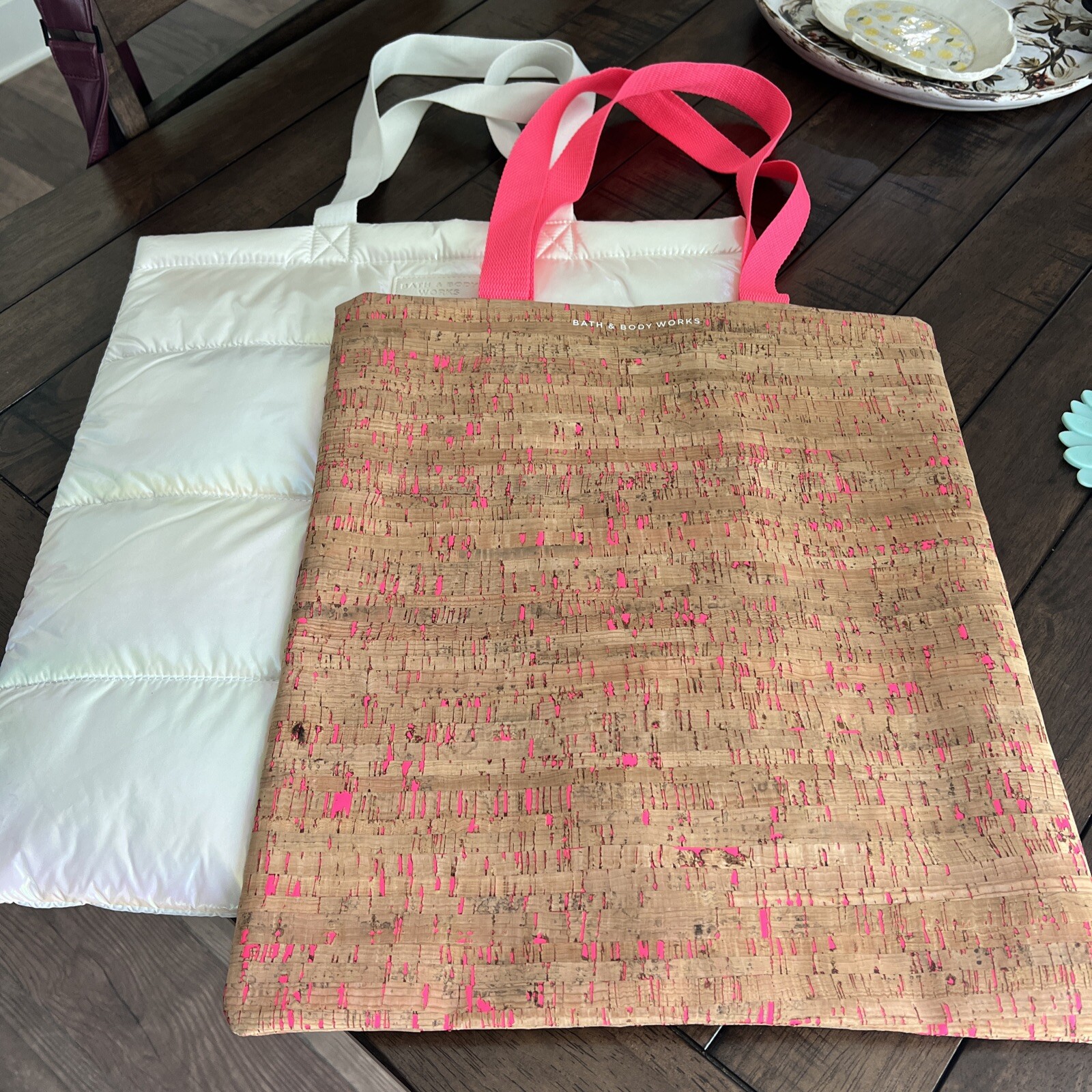 Bath Body Works Cork Pink Eco Friendly & Iridescent Cream Puffy Totes Bags Set/2