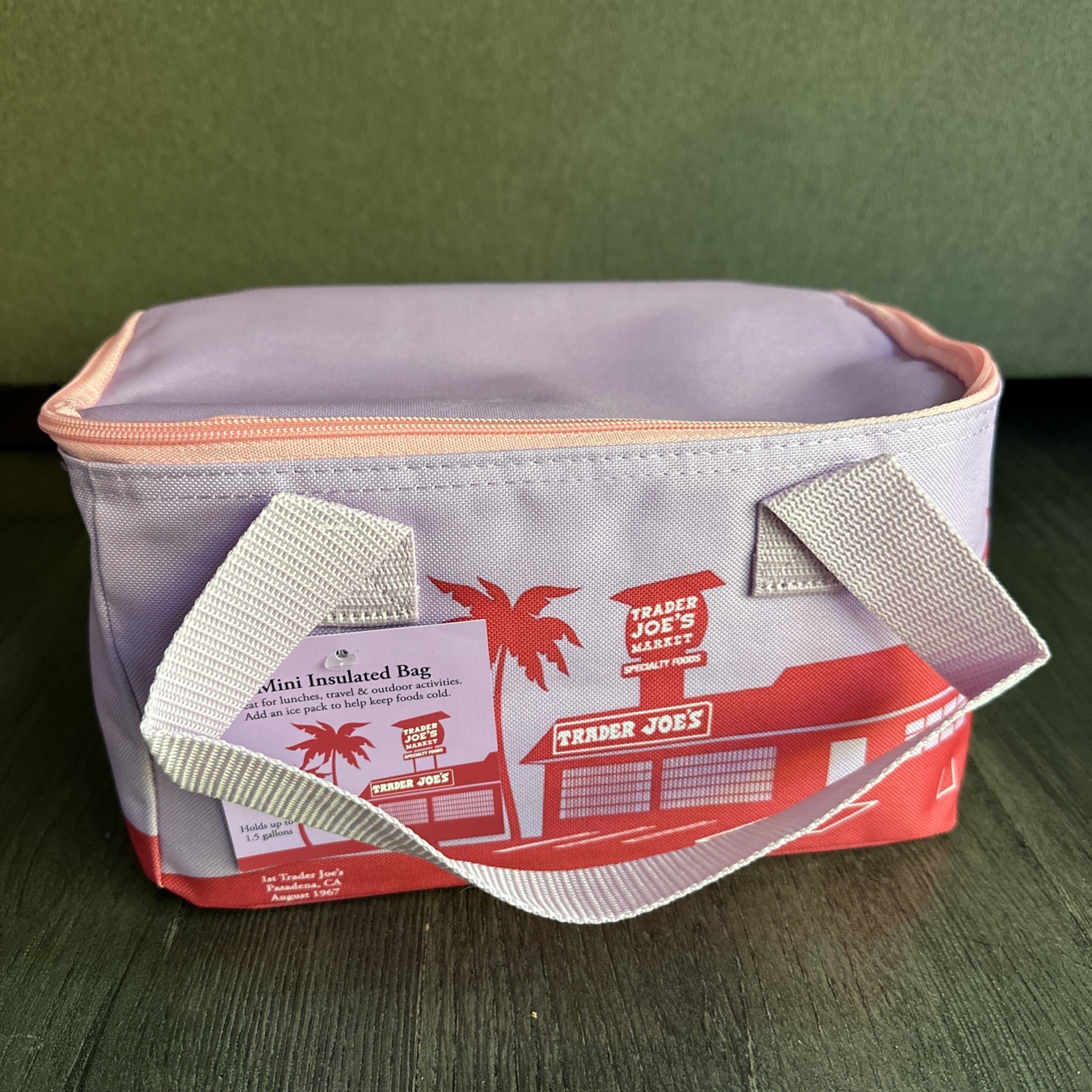 Trader Joe’s mini Insulated Tote Bag Purple & Pink 1.5 Gallon Zipper Handles