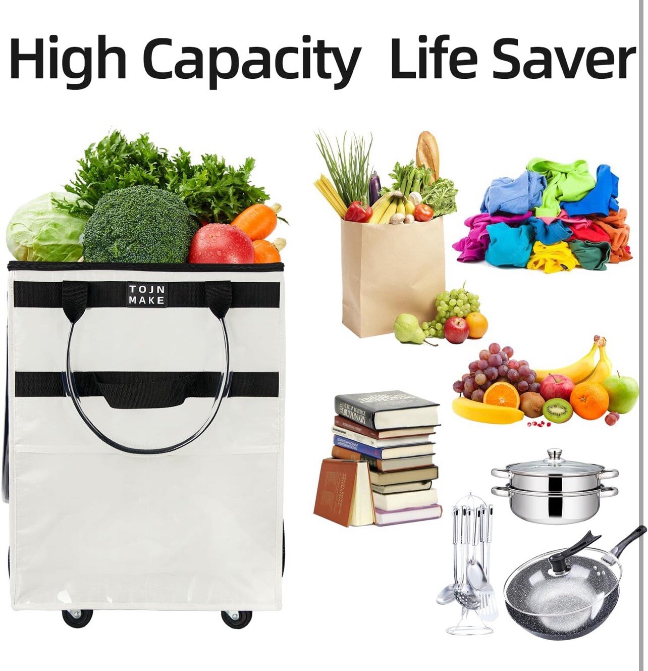 Reusable Grocery Bag on Wheels Shopping Trolley with 8 Pockets and Zipper Cover