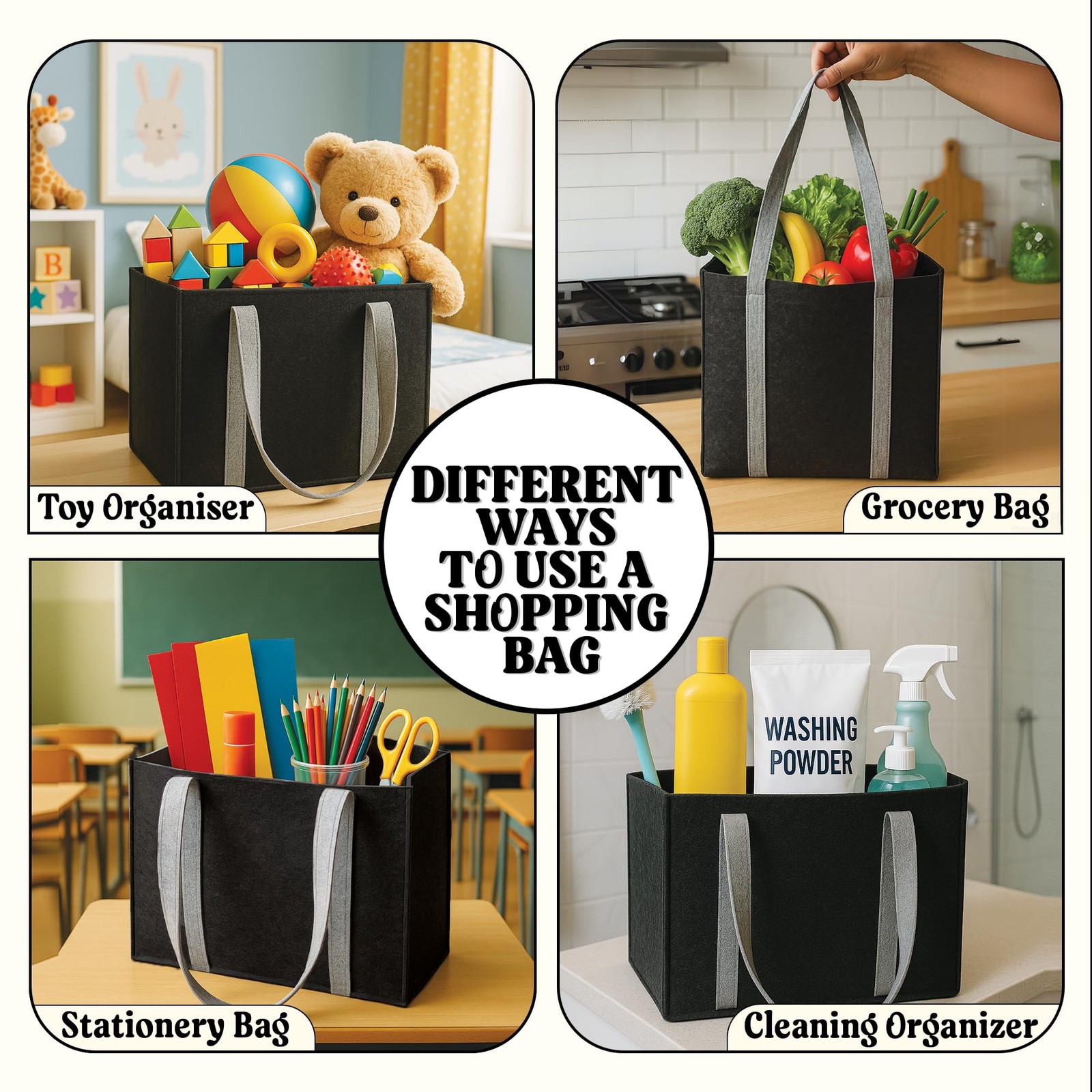 3 PCS EcoFriendly Reusable Grocery Bags HeavyDuty Long Handles Tote Kitchen