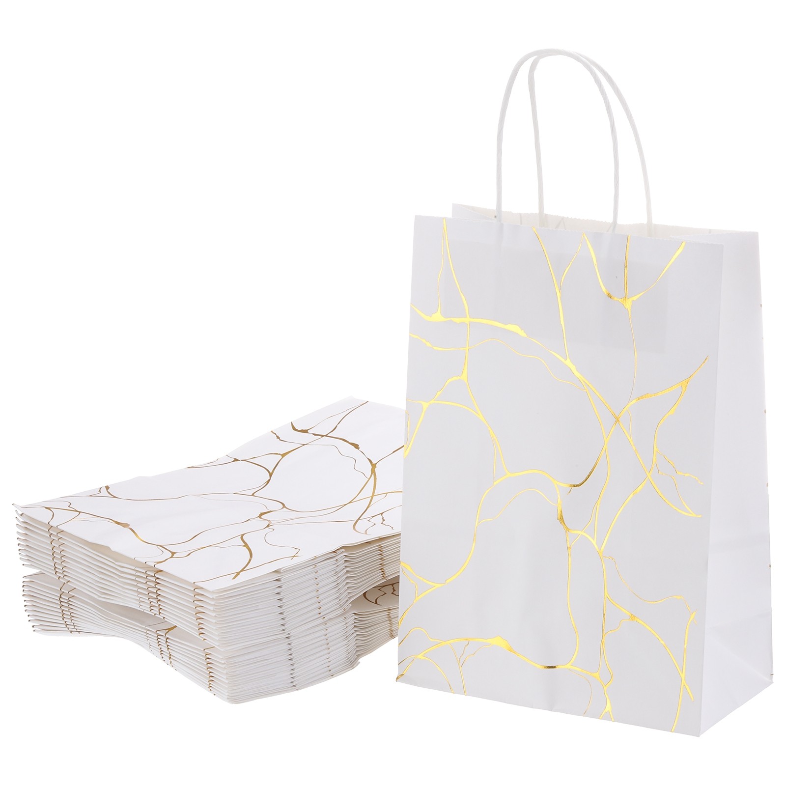 24Pcs Kraft Gift Bags with Handles Bulk, White Marble Party Favor Bags