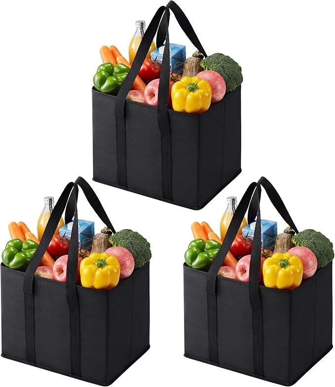 Reusable Grocery Bags 3 Pack Heavy Duty 6 Gallon Hard Bottom Foldable Shopping