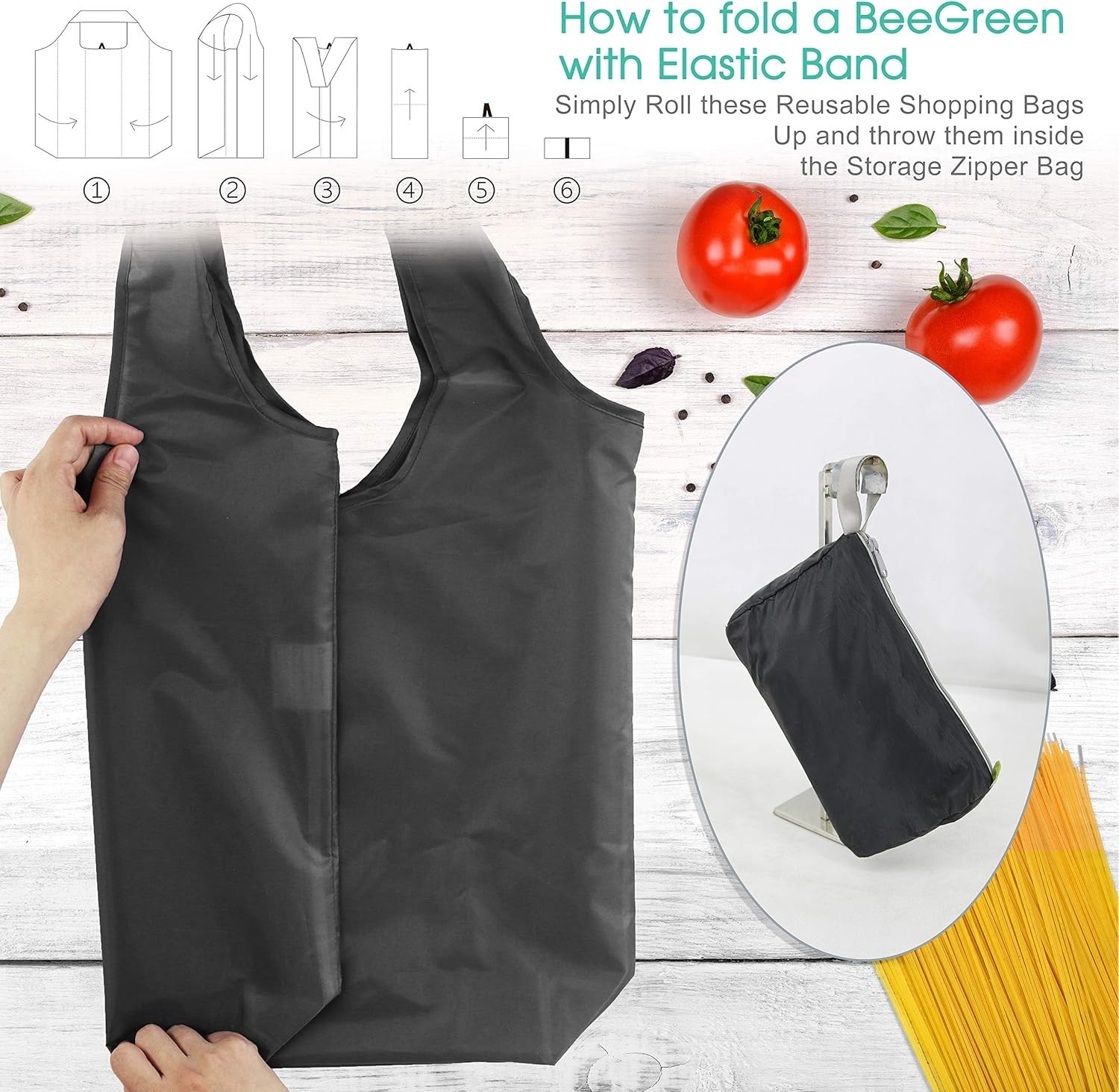 Bulk Set: 10 Black Reusable Grocery Bags, 50LBS Capacity, Machine Washable