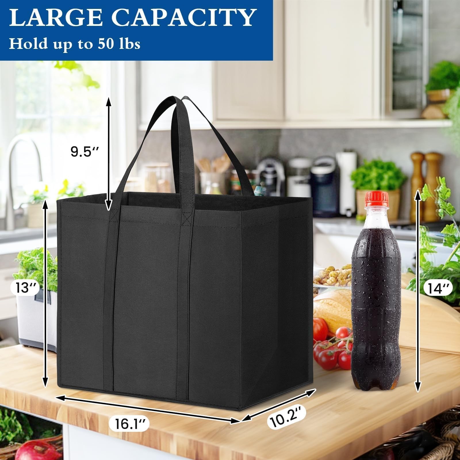 WISELIFE Reusable Grocery Shopping Bags 10 Pack Large Large, Black, Grey