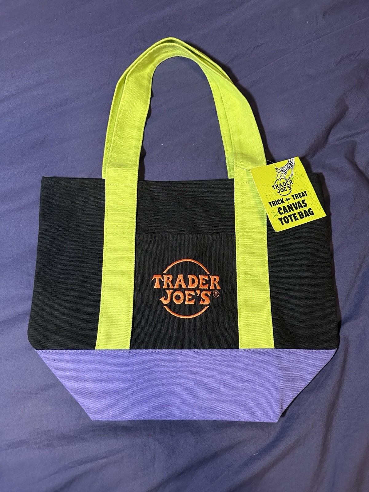 2025 New Trader Joes Mini Tote Trick Or Trick Halloween Green/Black/Purple Ltd