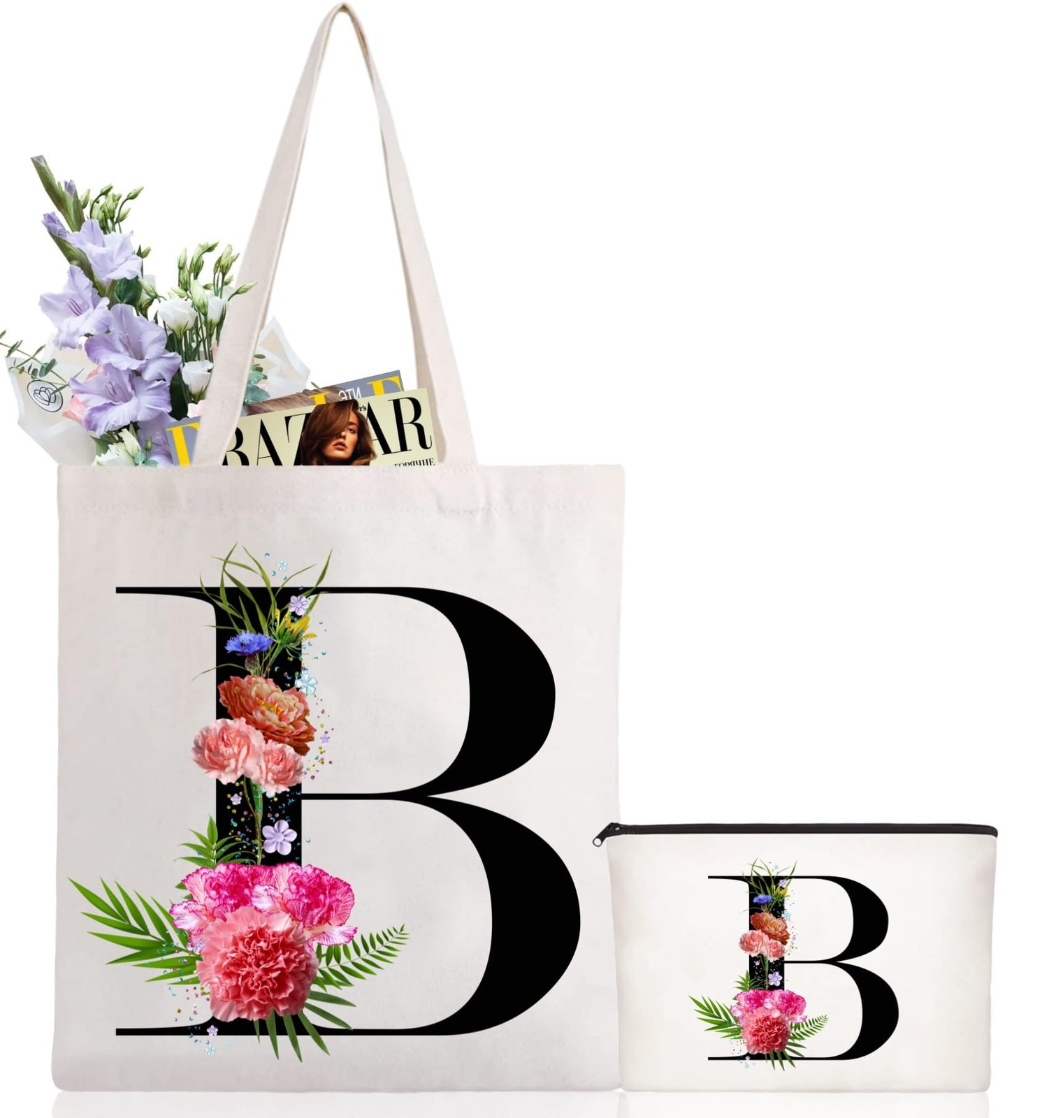 Initial Canvas Tote Bag Floral Letter Personalized Makeup Bag Monogrammed Gif…