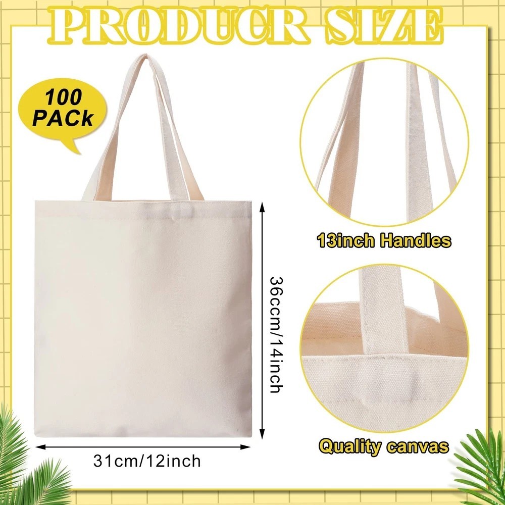 100 Pcs Canvas Tote Bags Bulk Natural Cotton Tote Bags with Handles Blank Cloth