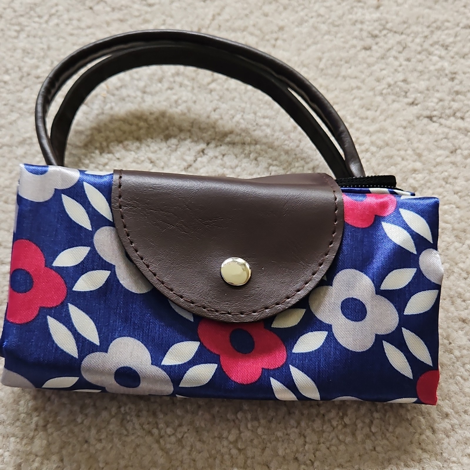 innov8 home Foldable Floral Tote Shopping Bag Blue Floral Print Zipper