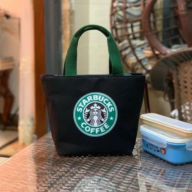 Starbucks Coffee Mini Canvas Tote Bag Portable Zippered Handbag Black