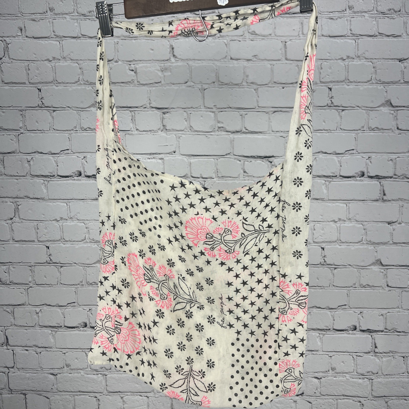 Free People Floral Boho Reusable Shopping Crossbody Tote Bag Muslin Beige Pink S