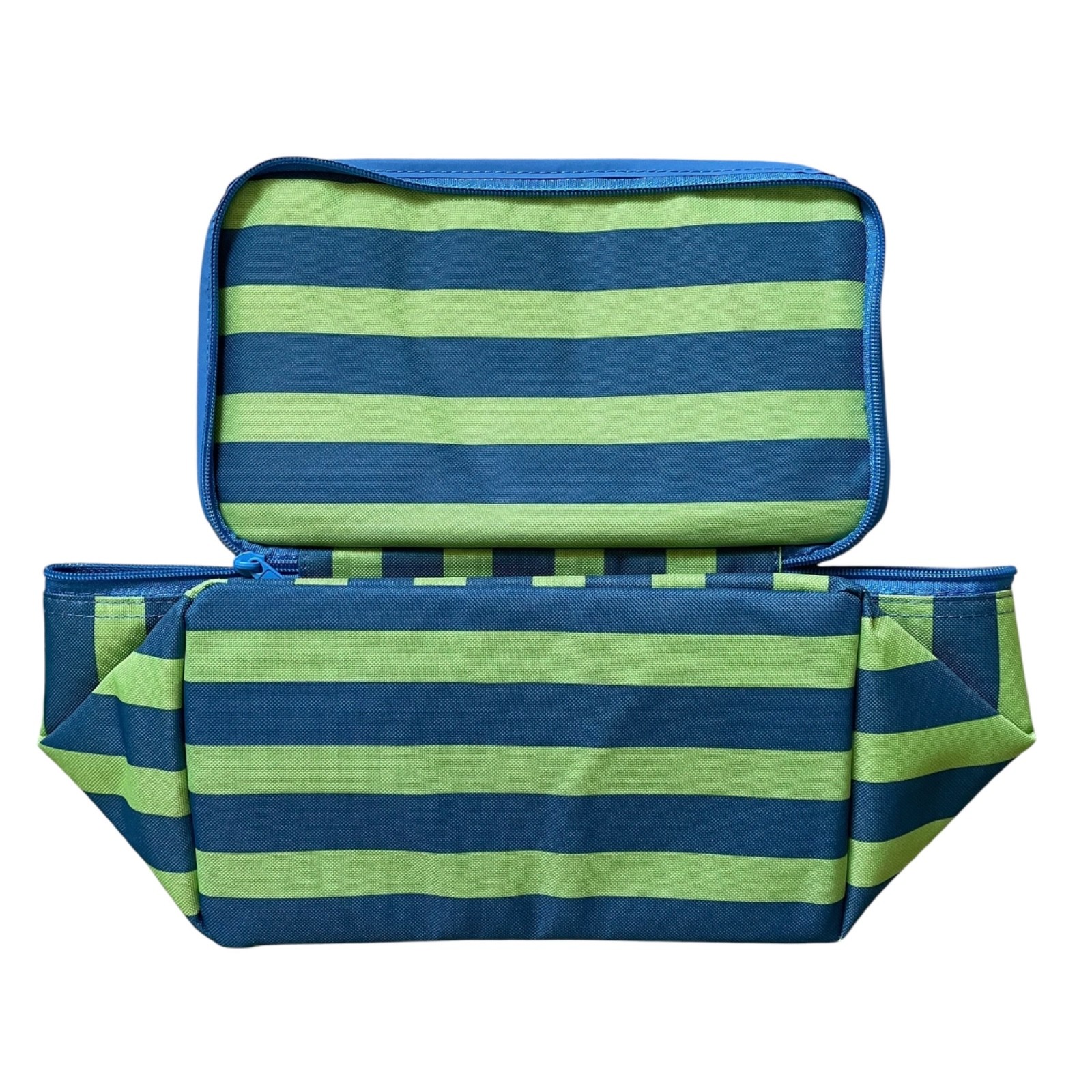 Trader Joes Insulated Mini Striped Tote Bag Blue Green Lunch Cooler Foldable NWT