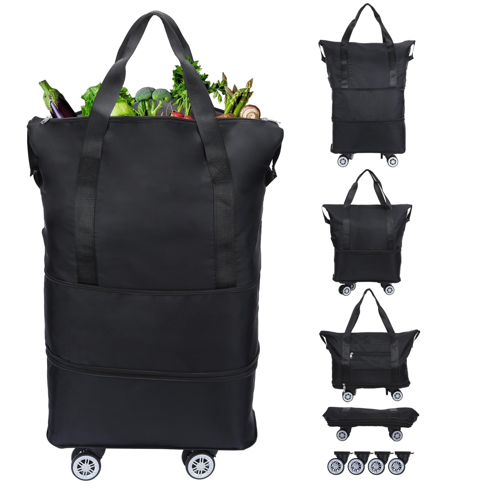 Reusable Grocery Bag Wheels Detachable Roller Tote Luggage Shopping Large Black