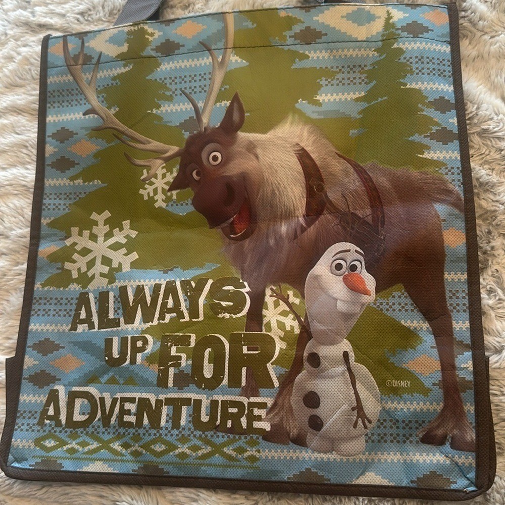 Disney Frozen Olaf Sven Reusable Tote Bag Blue Fair Isle Always Up For Adventure