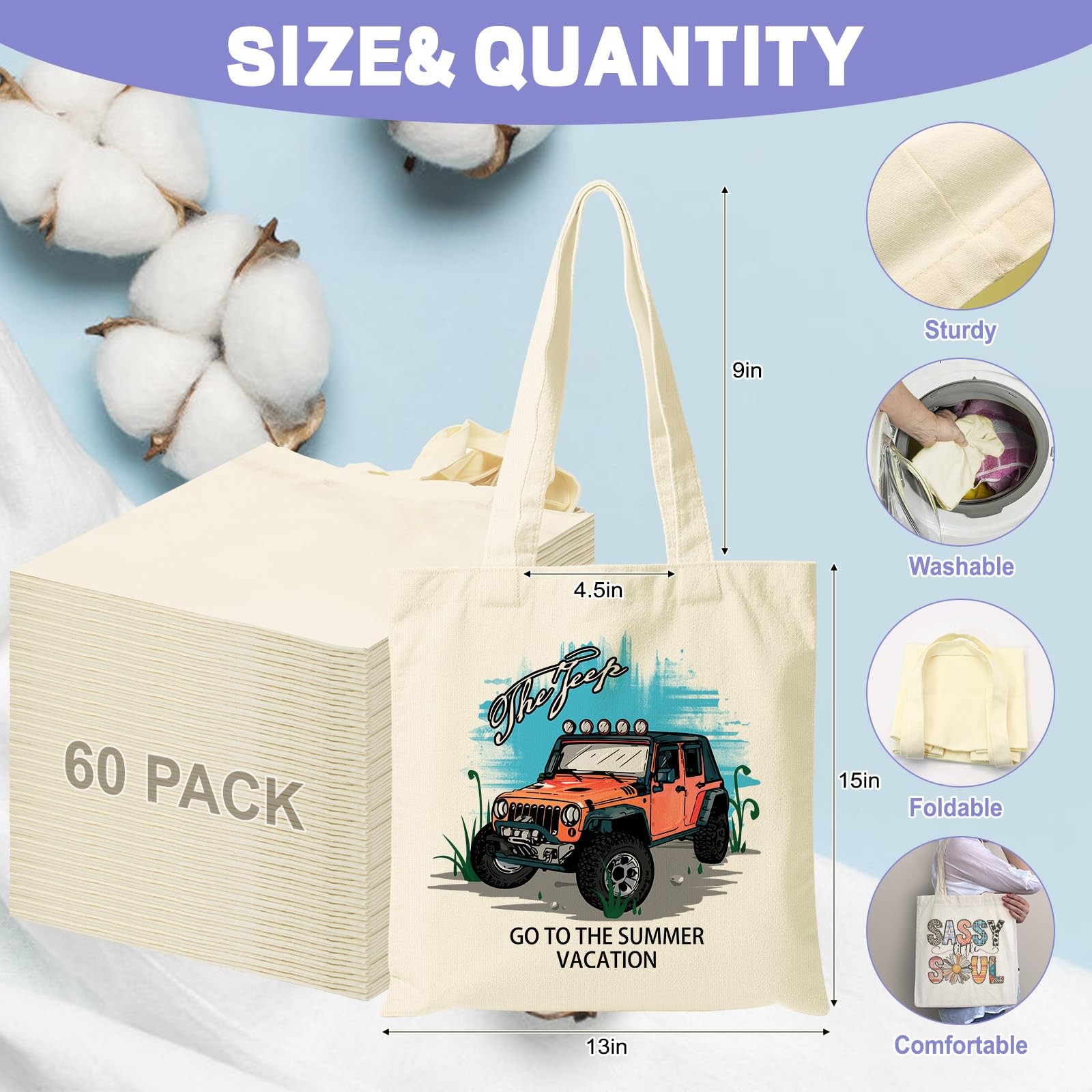 60 Pack Canvas Tote Bag Bulk 13X15 Inch Sublimation Blanks Canvas Tote With H…