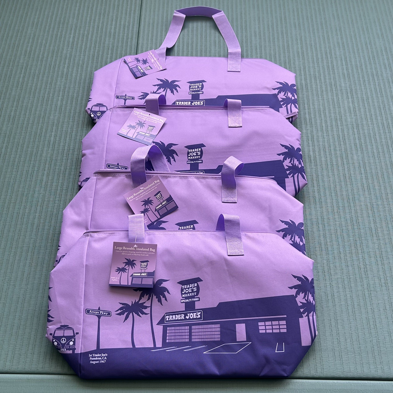 NEW Lot of 4 Trader Joe’s Lavender Reusable Insulated Shopping Eco Bag 8Gallon