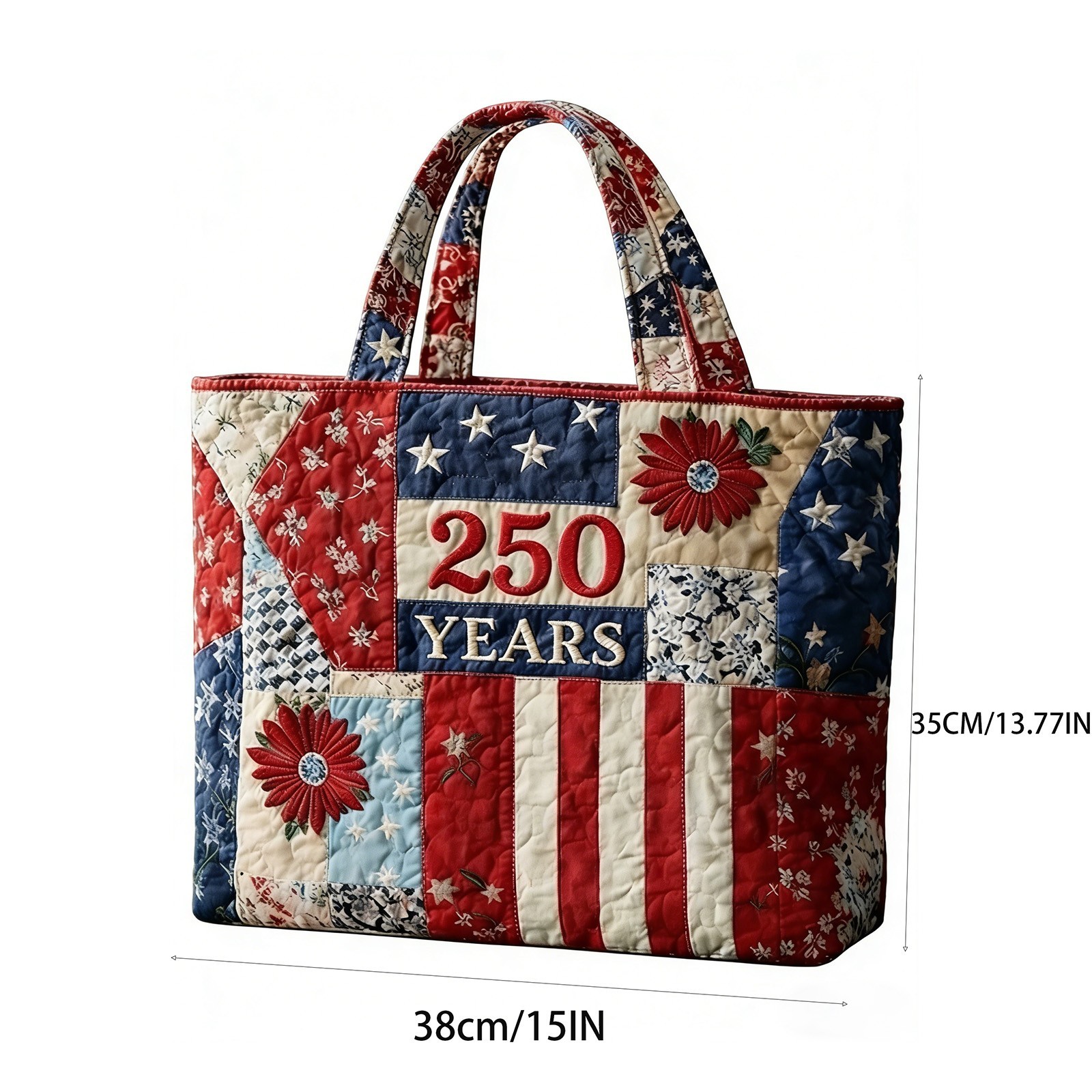 250 Years USA Quilted Tote Bag 4th of July Patriotic Embroidered Floral Tote