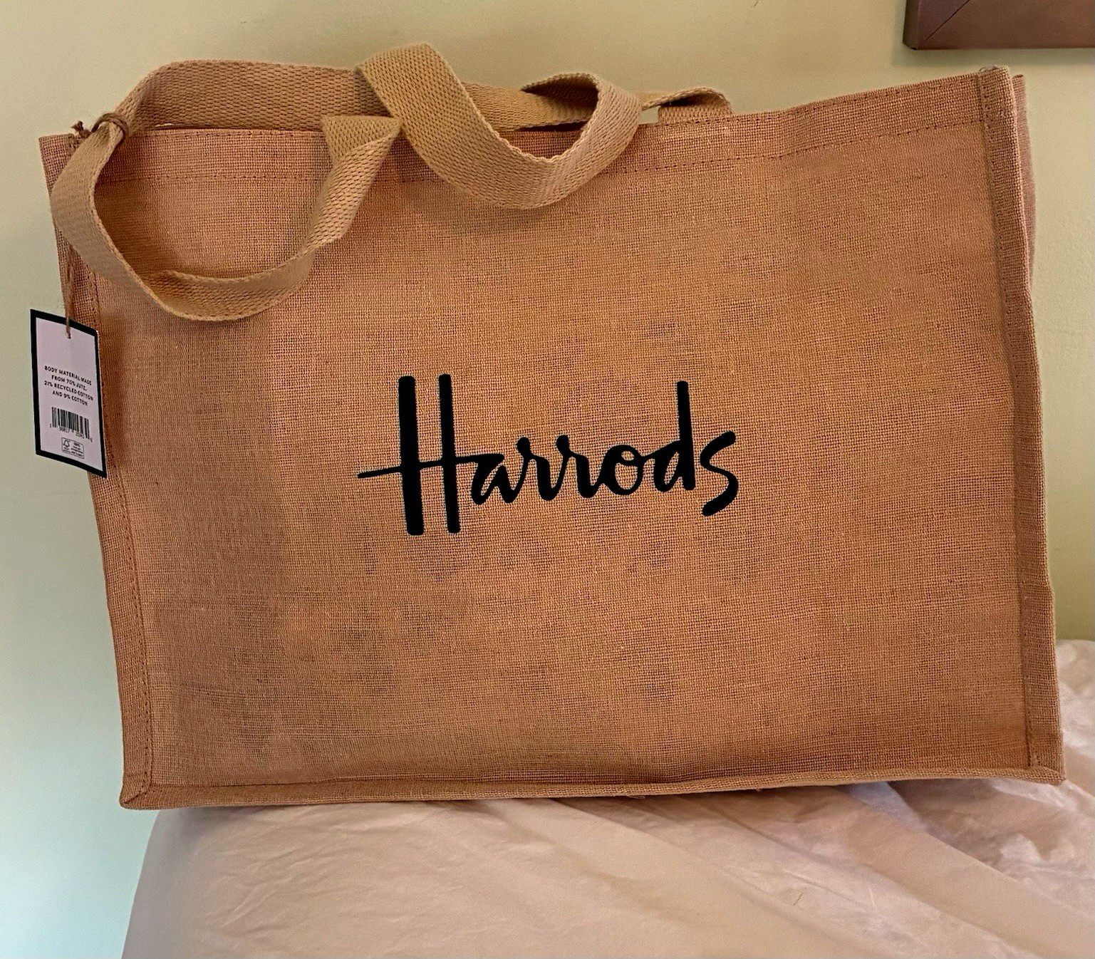 Harrods Beige Logo Tote Reusable Shopping Bag Jute Cotton Large 16.5x12x5