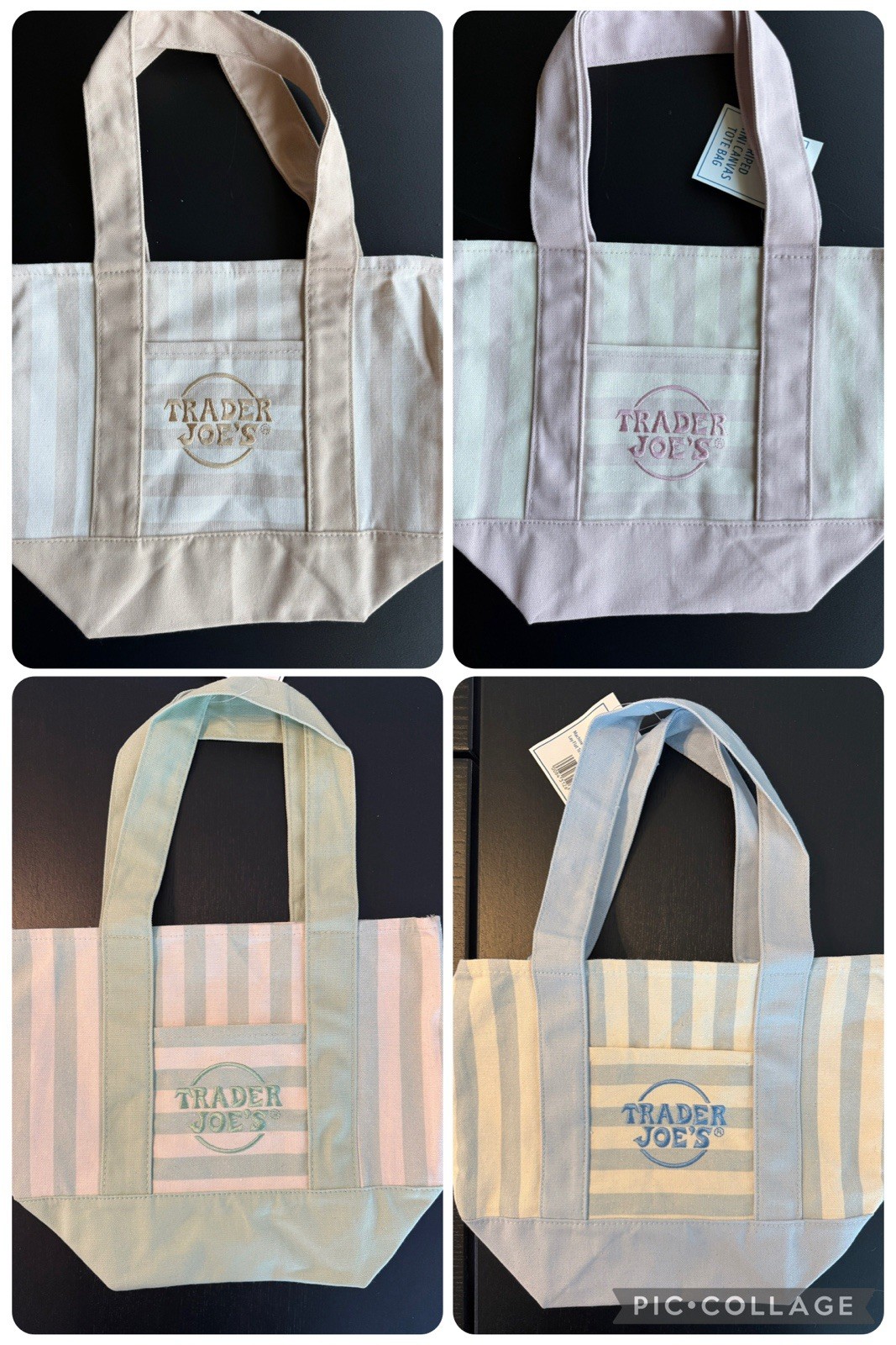 Trader Joe’s MINI PASTEL STRIPE CANVAS TOTE BAGS SET Of 4 Pink Blue Green Beige!
