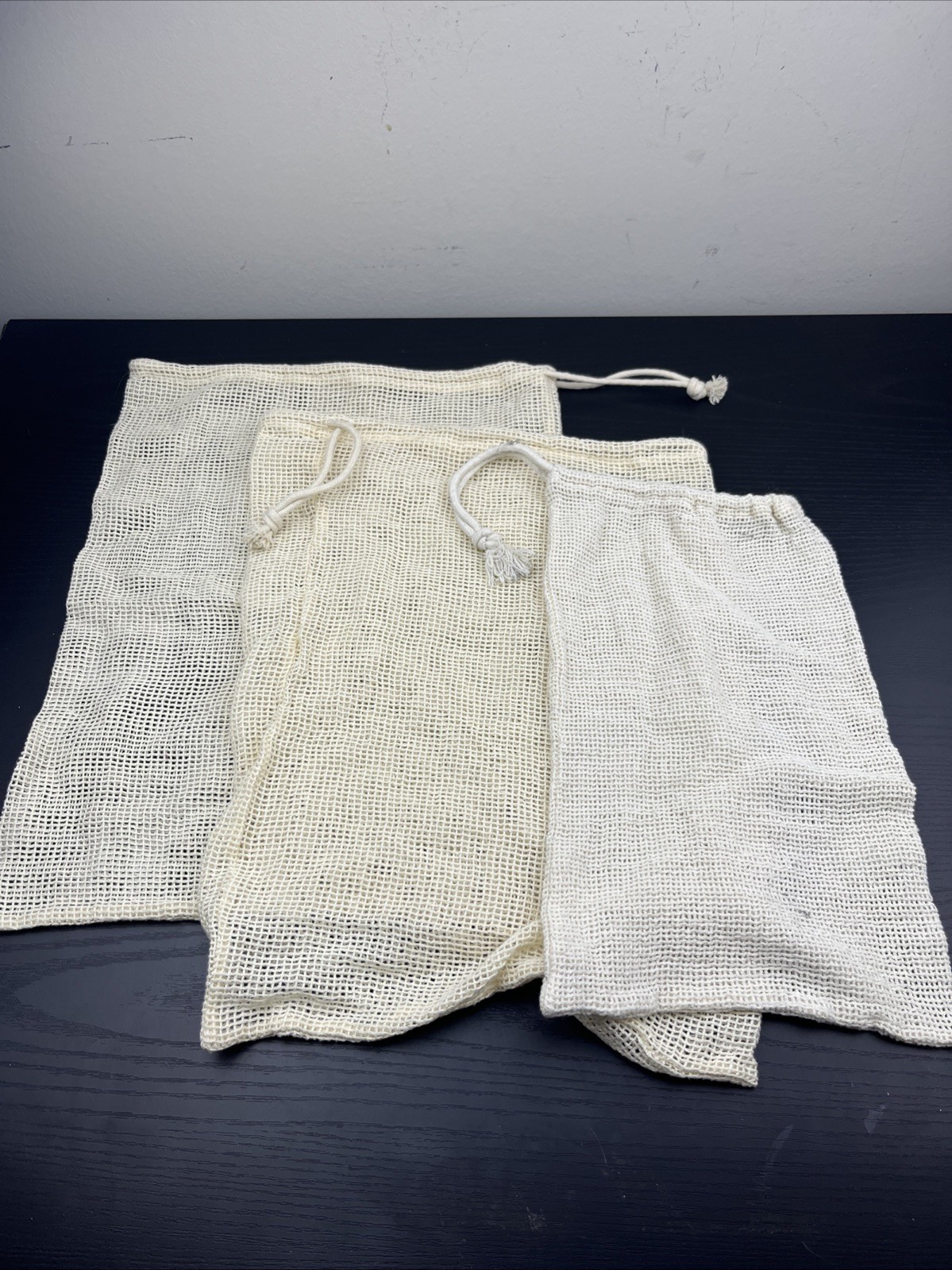 Cotton Mesh Produce Bags Lot of 3 Reusable Drawstring Grocery Shopping