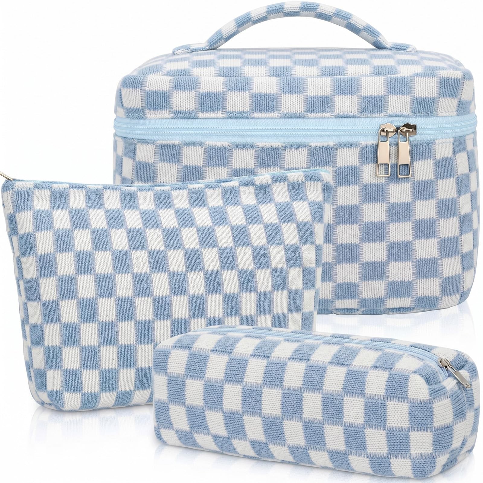 Gilprop 3 Pcs Knit Checkered Makeup Bags Zipper 9.1×5.9×5.5 inches, Blue