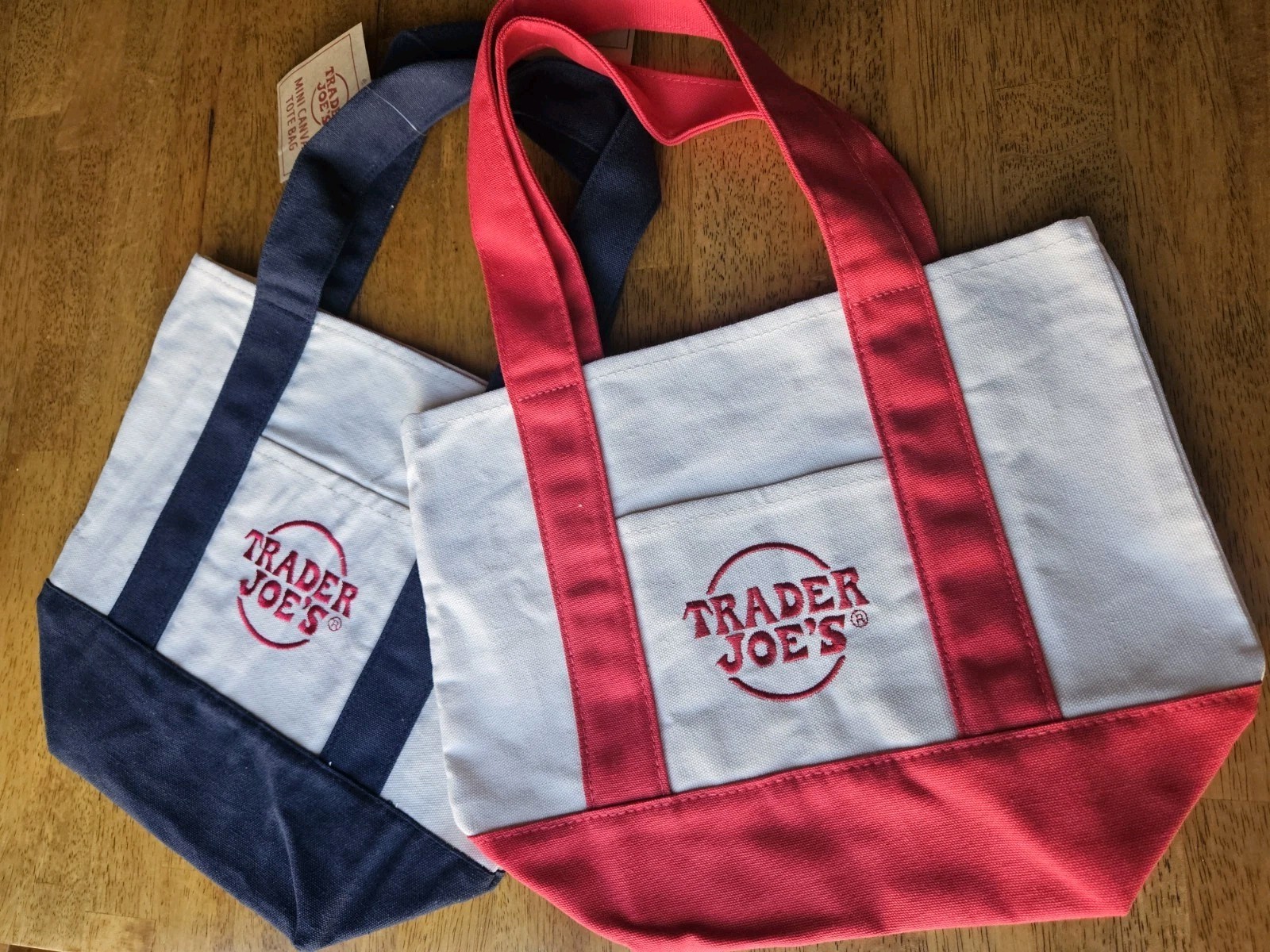 Trader Joe’s Set Of 2 Mini Canvas Tote Bags Red & Navy US 🇺🇸 Seller